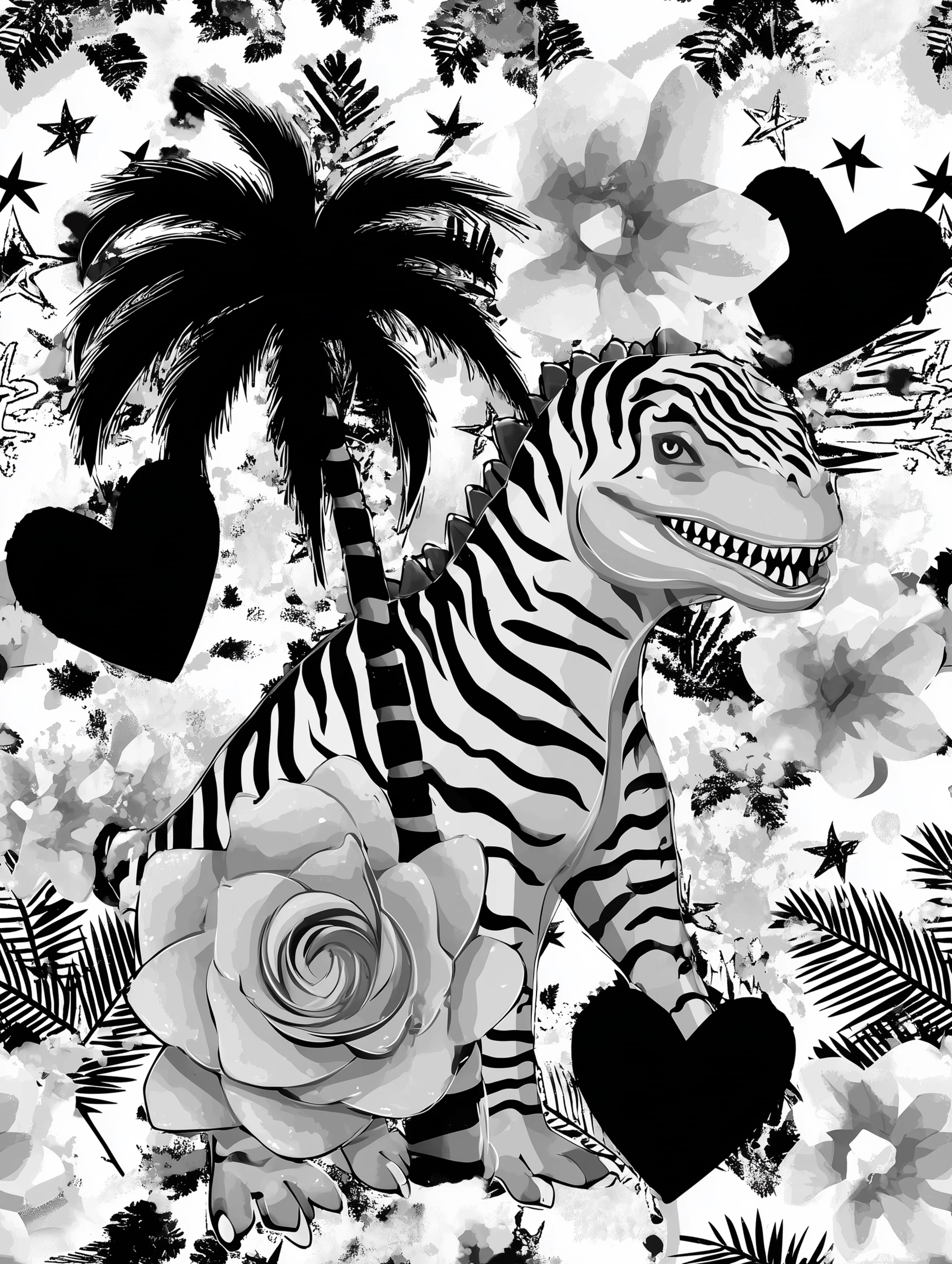 Free printable dinosaur coloring page for adults featuring a dinosaur with a palm tree and hearts